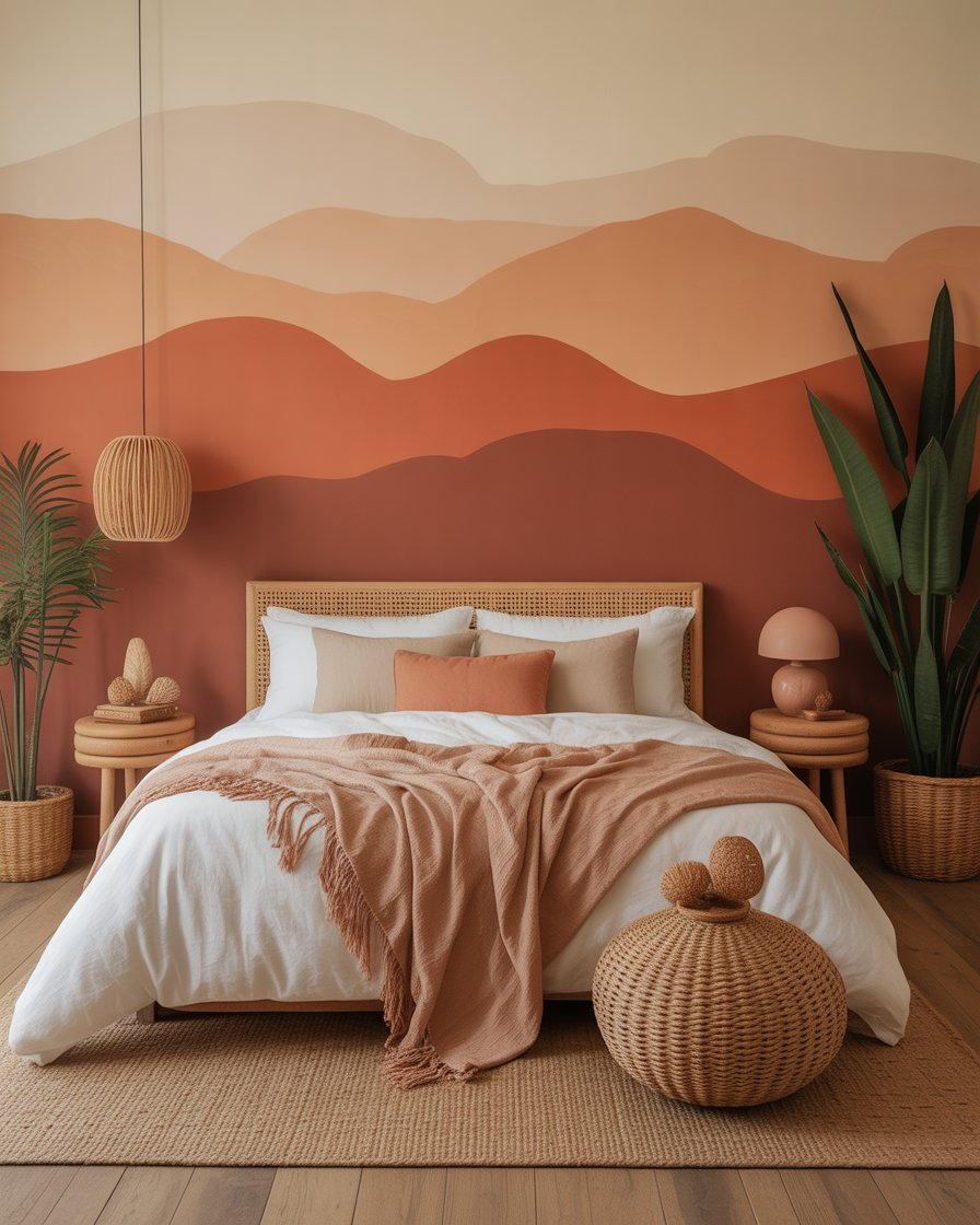 Warm, earthy bedroom with terracotta walls and soft beige accents for a cozy feel.