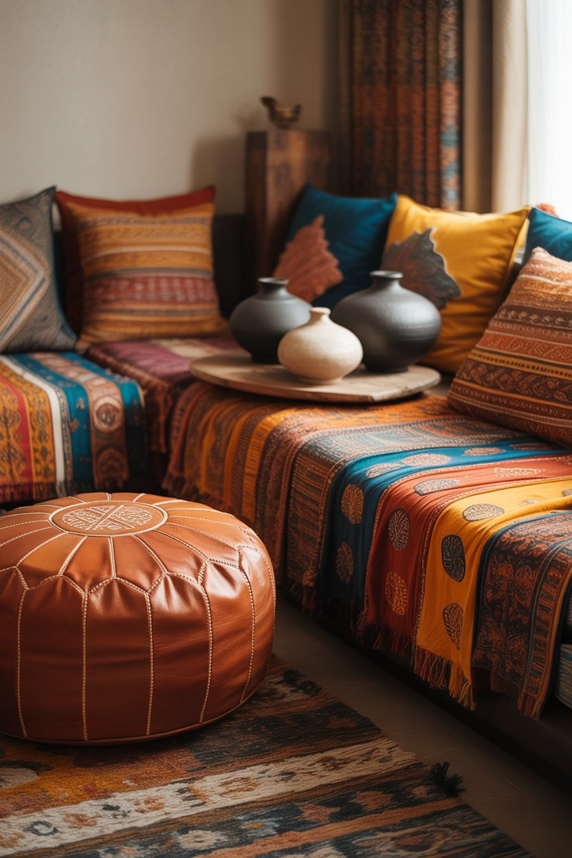 Global accents like Moroccan poufs and Indian textiles add cultural flair and personality to the room.