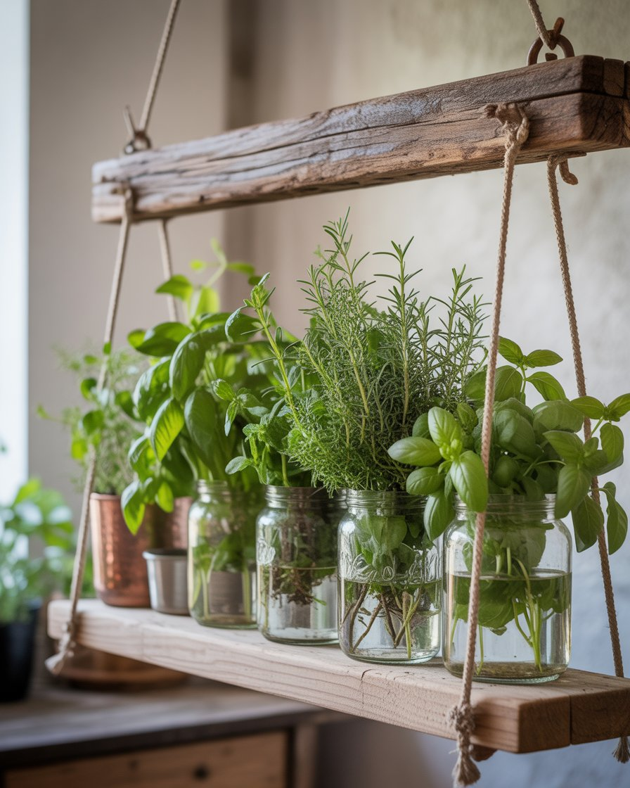 Glass jar herb garden hanging in a boho garden.