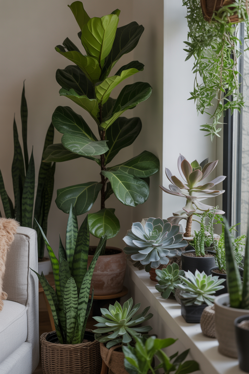 Indoor plants like fiddle leaf fig and succulents bring lush greenery and vitality to the room.