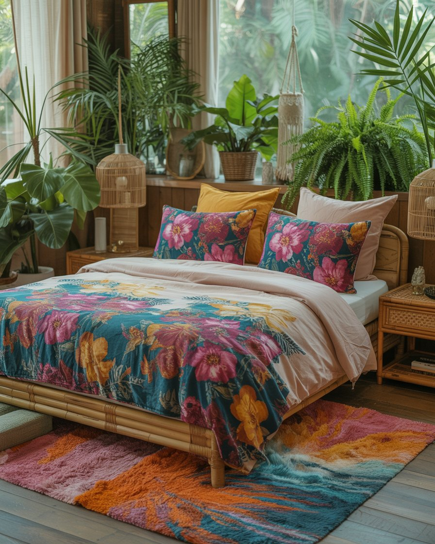  A nature-inspired boho bedroom with floral bedding and abundant greenery.