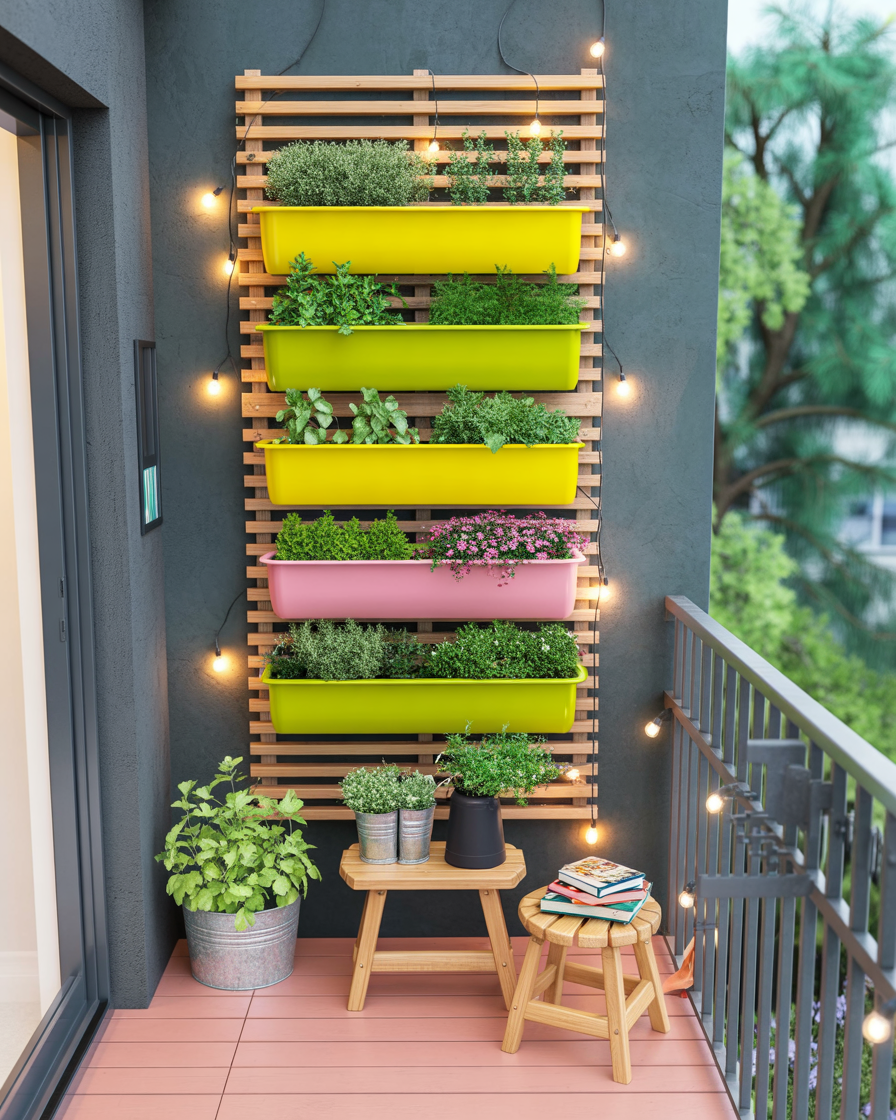Vertical green wall with herbs and plants on balcony