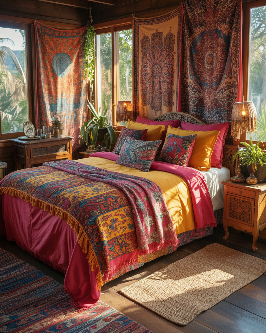 A vibrant boho bedroom with deep colors and intricate textiles illuminated by natural light.