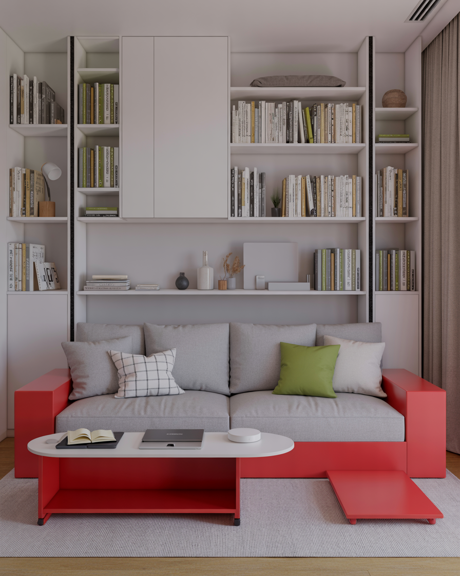 Modern multifunctional living room with furniture that serves multiple purposes for space-saving solutions.