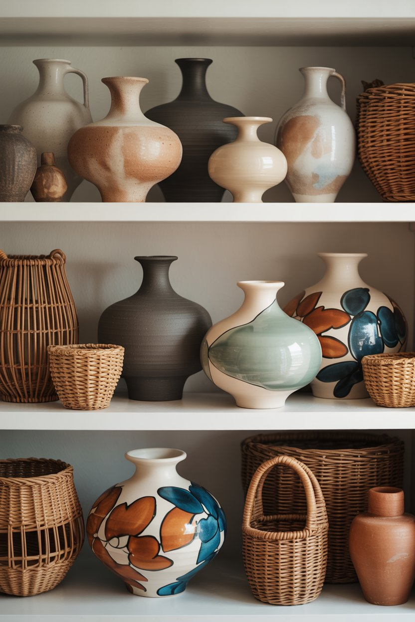 Handcrafted items like ceramics and woven baskets bring authenticity and character to the room.