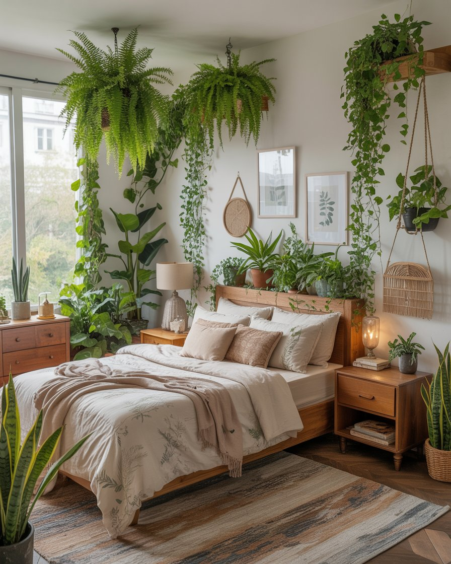 Botanical-inspired boho bedroom with greenery and natural materials.