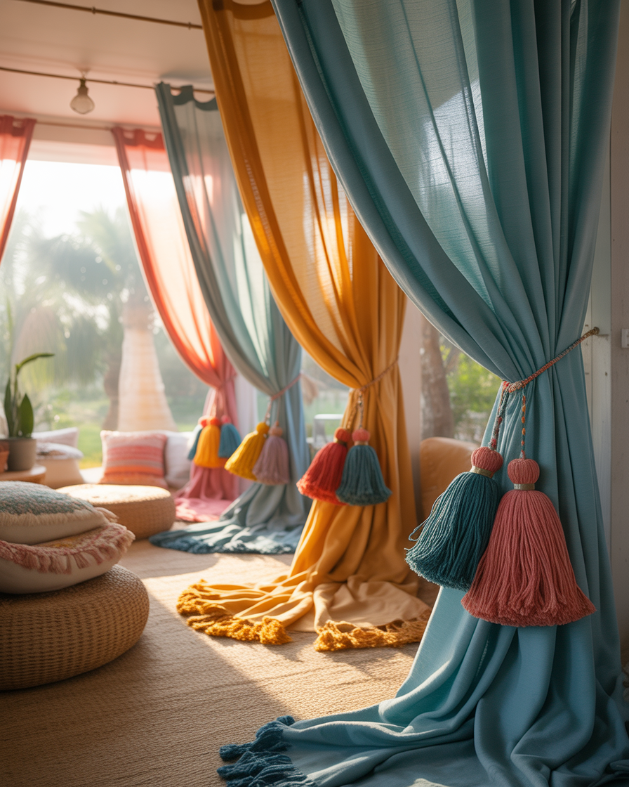 Natural bamboo shades hanging in a boho room.