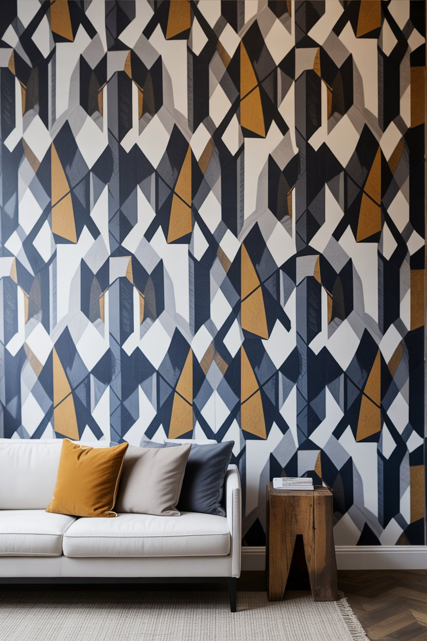 Bold patterned wallpaper adds depth and drama to the room's eclectic design.