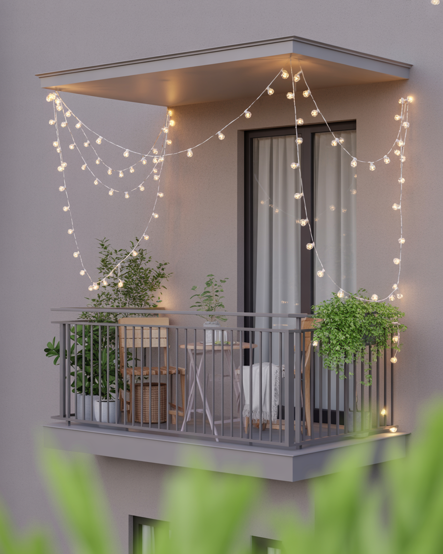 Cozy balcony with string lights draped across the railing, creating a warm, inviting atmosphere.