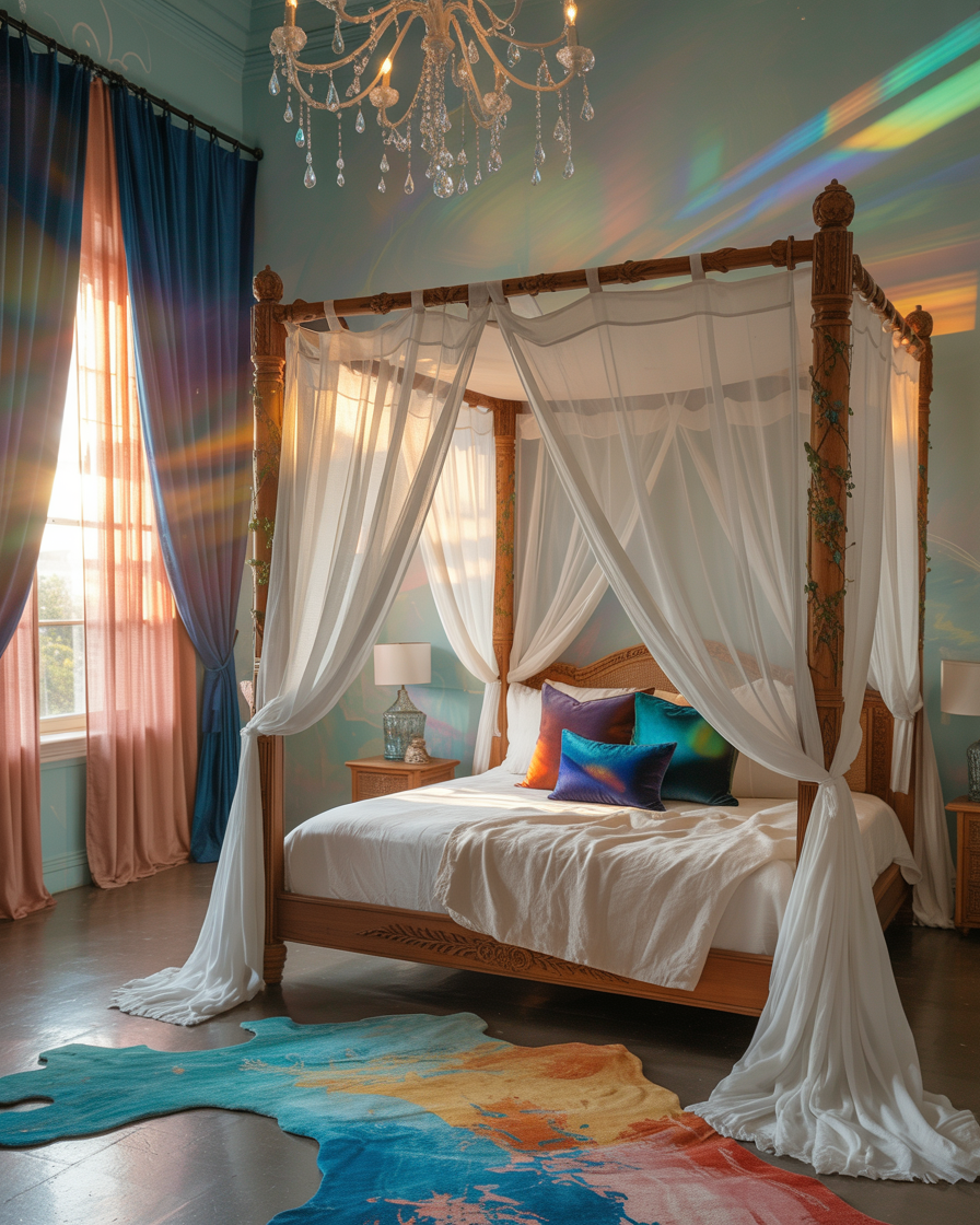 Four-poster canopy bed with soft white drapes and elegant decor