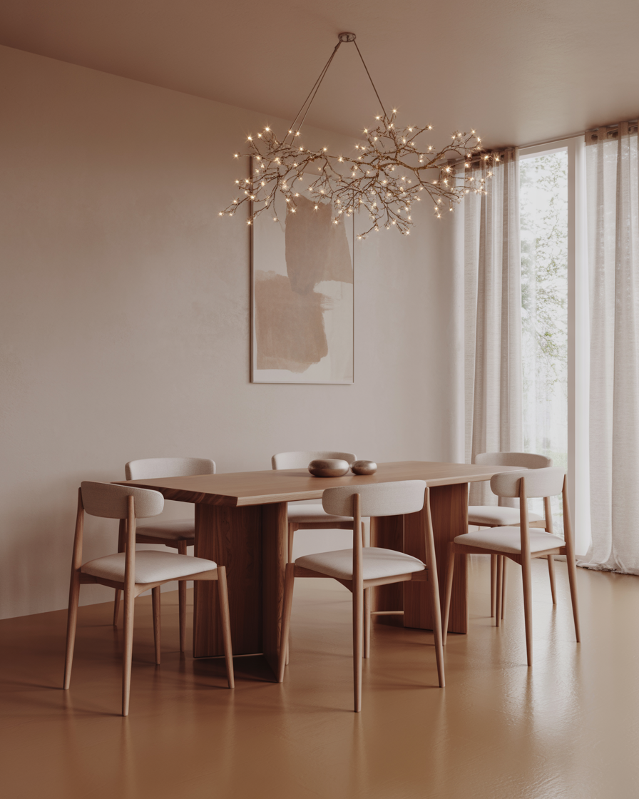 Minimalist apartment dining area with a wooden table and sleek chairs, bright lighting, and minimal decor.