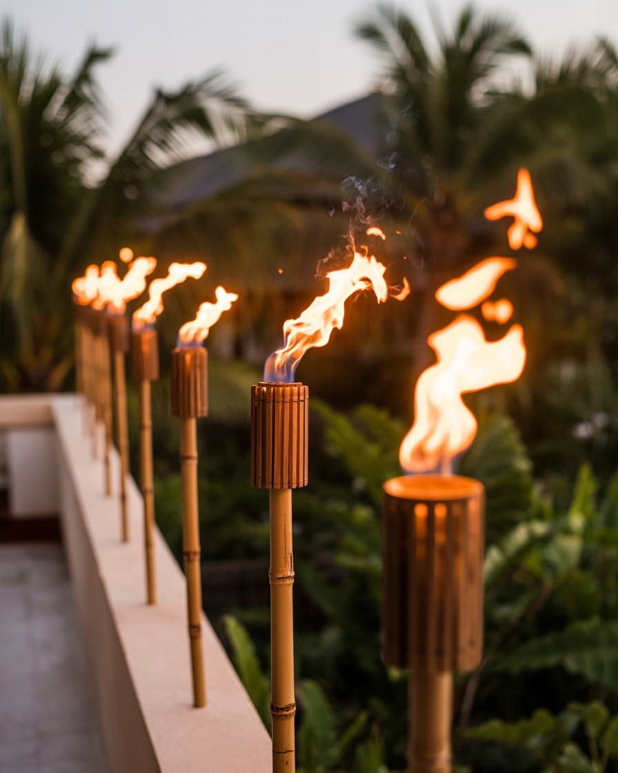 Balcony decorated with tiki torches, creating a tropical and romantic atmosphere."