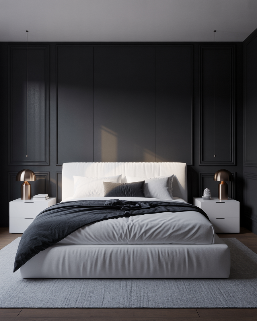 A stylish bedroom with black and white tones, offering a modern and sleek design.