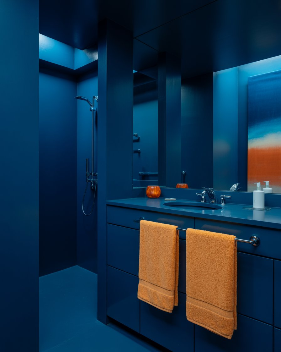 Tranquil dark blue bathroom enhanced by soft orange towels, offering a serene yet vibrant vibe.