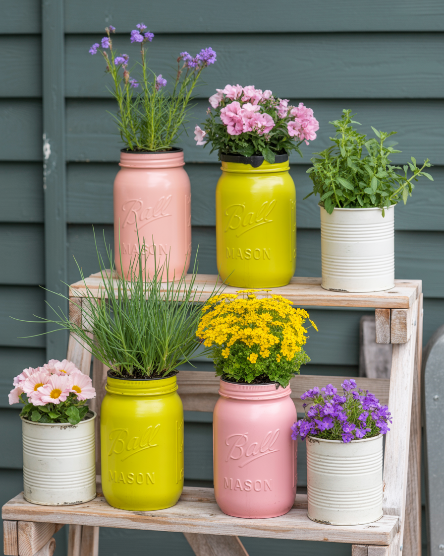 DIY upcycled planters filled with herbs and flowers