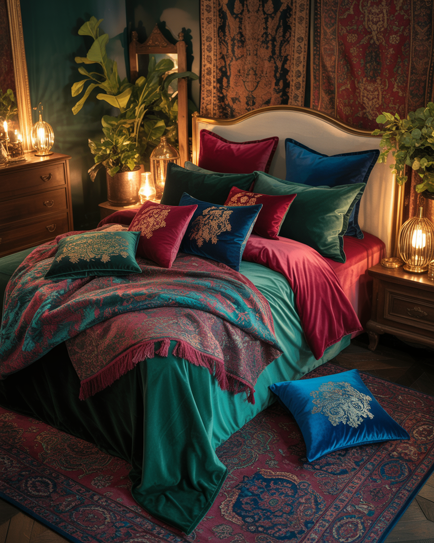 A luxurious boho bedroom with jewel-toned colors and rich textiles.