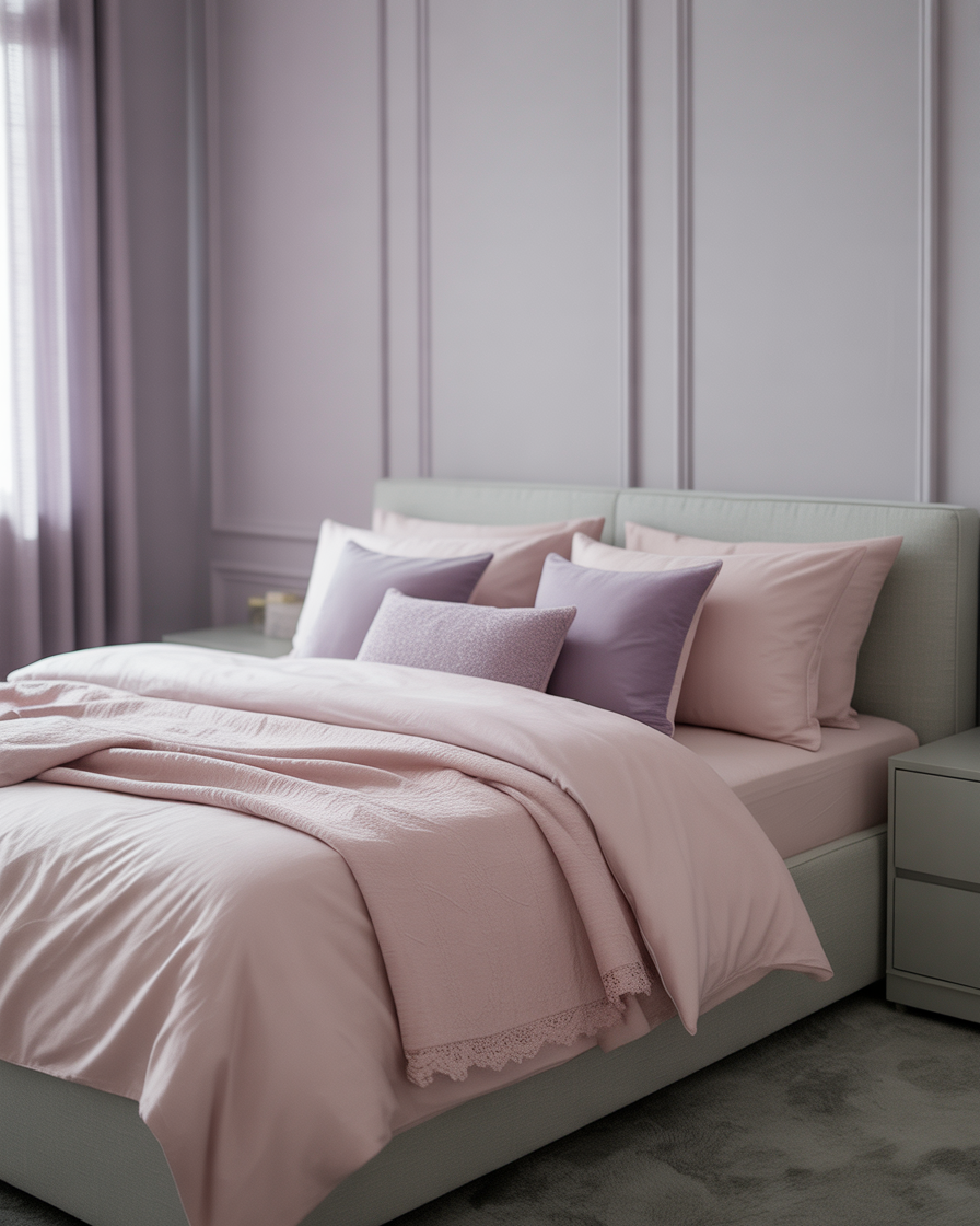 A tranquil bedroom with soft pastel hues and gray walls, offering a serene and relaxing atmosphere.
