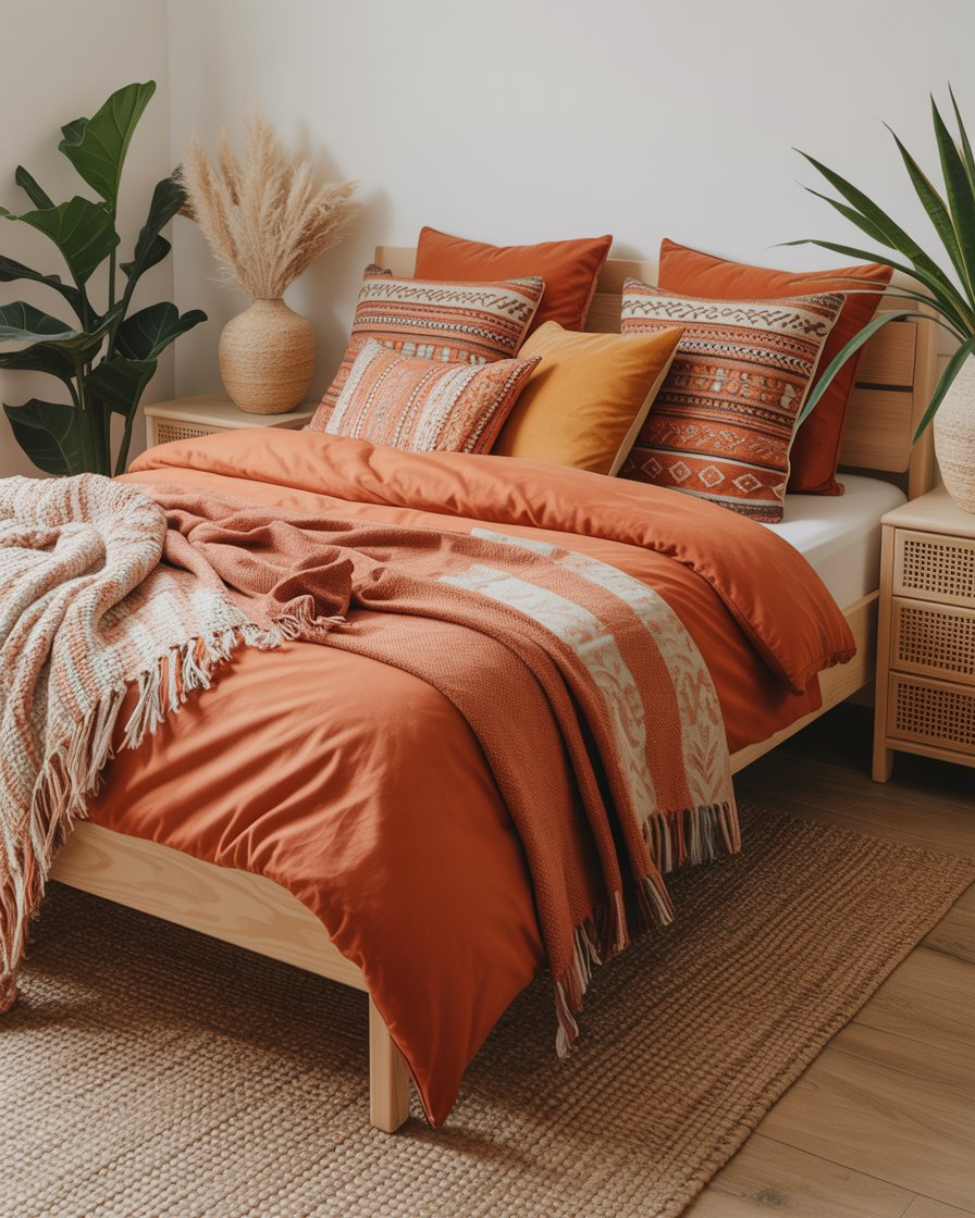 A boho bedroom with burnt orange bedding and eclectic throw pillows.