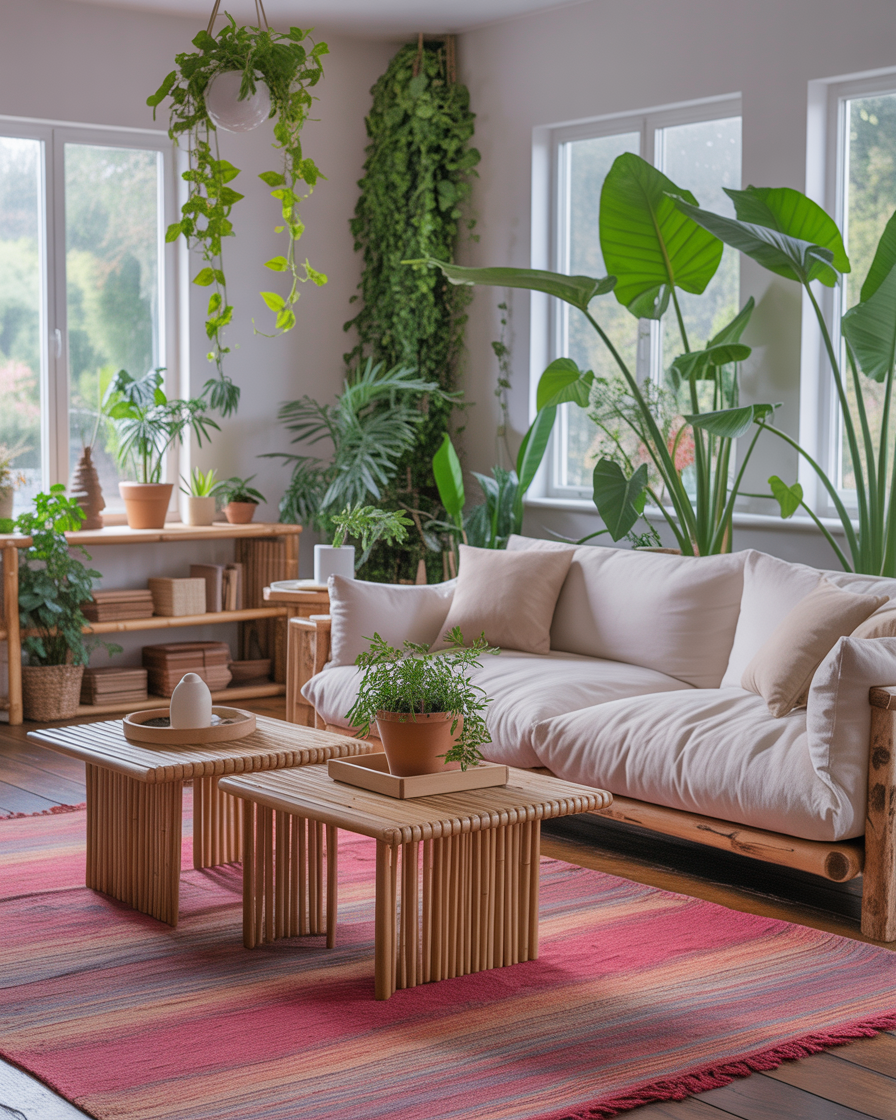 Eco-friendly living room with furniture made from reclaimed wood, organic cotton sofa, and bamboo accents.