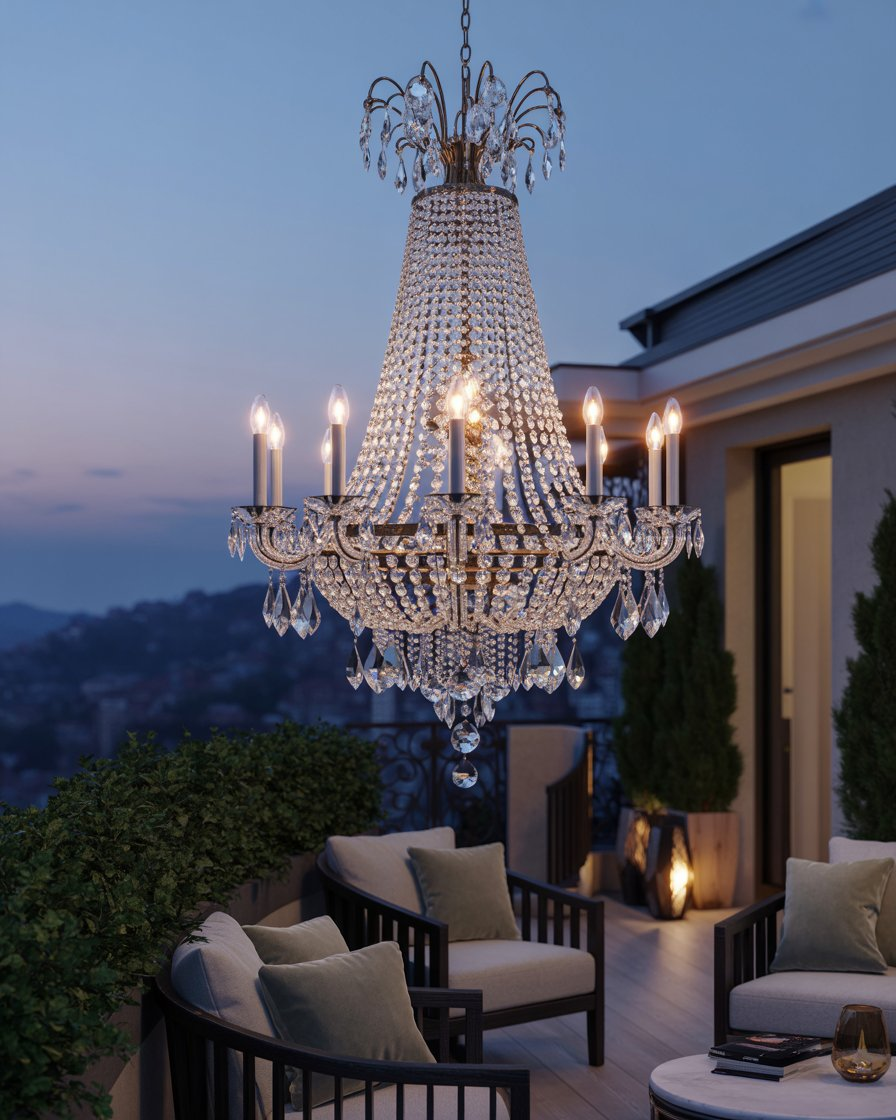 Romantic balcony with a hanging crystal chandelier, providing elegant lighting.