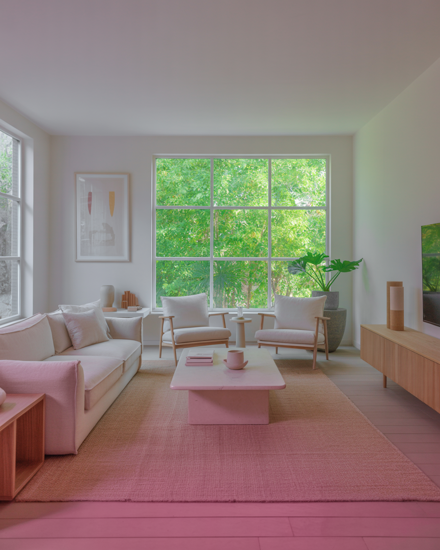Bright and airy living room with large windows and neutral-colored furniture, flooded with natural sunlight.