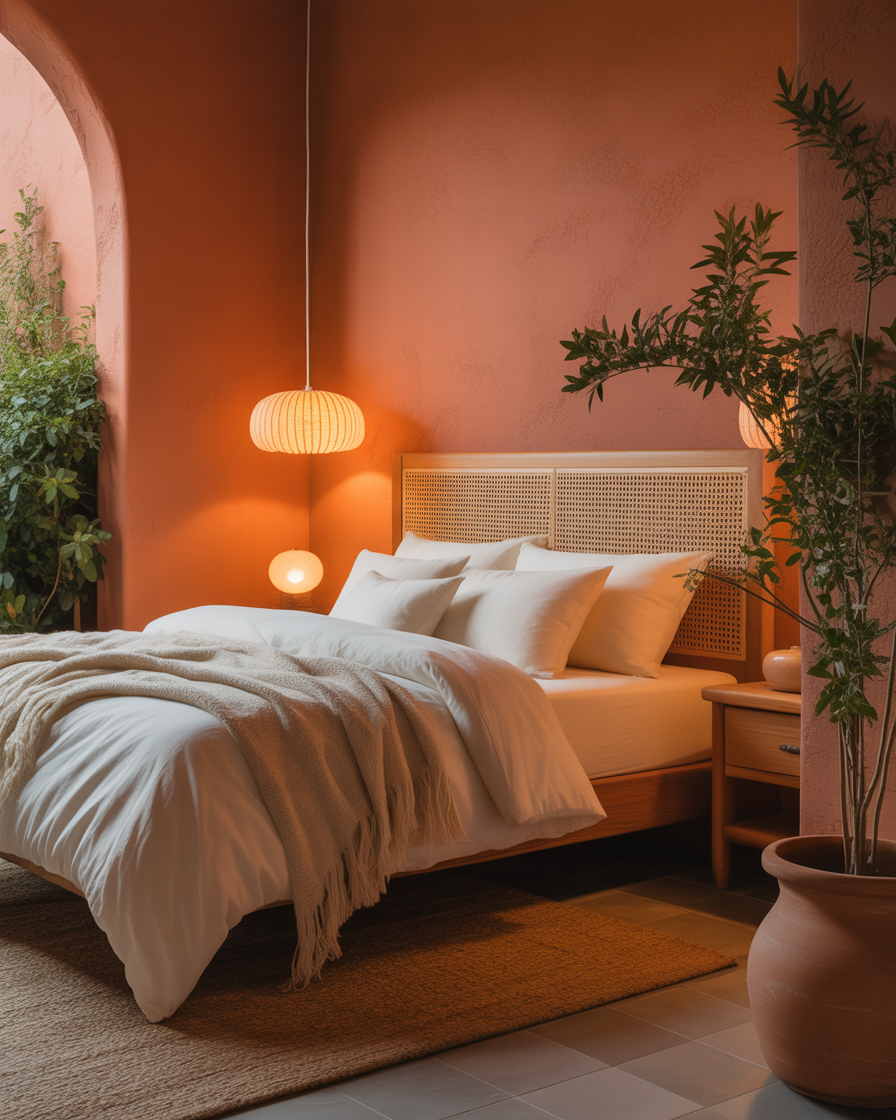 A warm, earthy bedroom with terracotta walls and cream-toned bedding, creating a cozy, elegant ambiance.