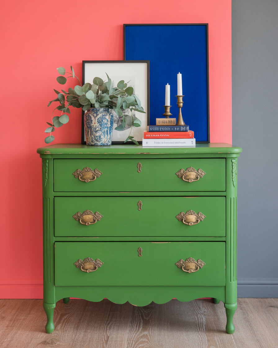 Emerald green painted dresser with brass knobs styled with plants