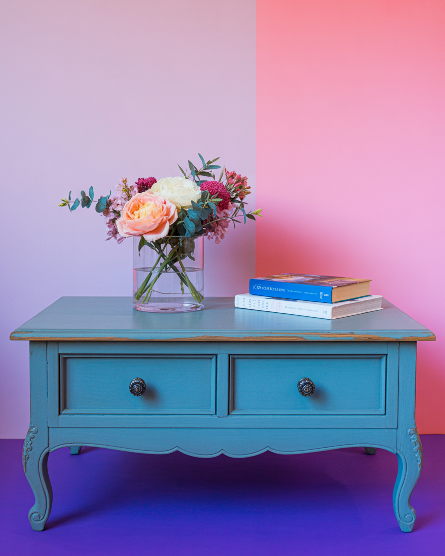Chalk-painted coffee table with soft vintage farmhouse styling