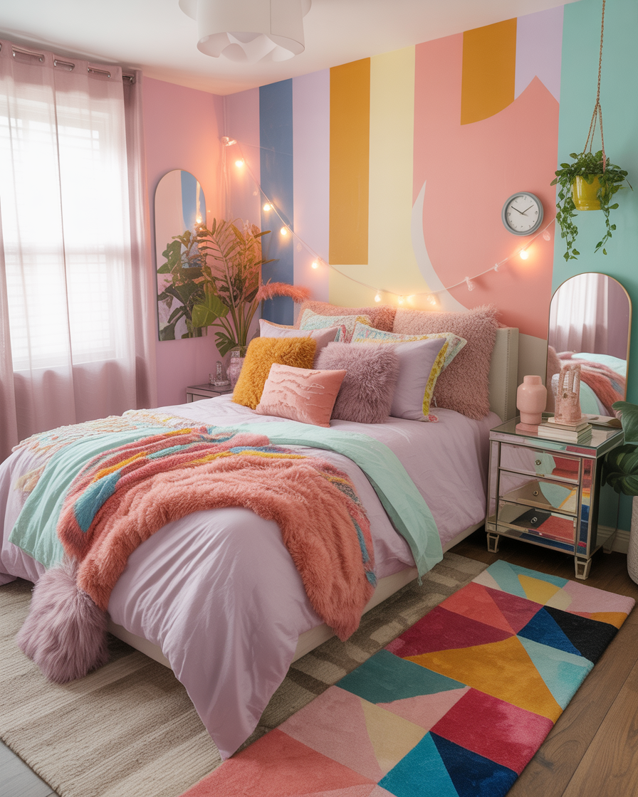 A vibrant boho bedroom with colorful decor and mirrored surfaces creating a dazzling effect.