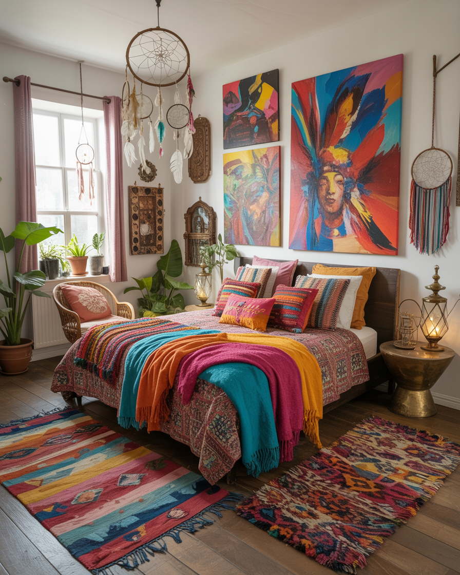A boho bedroom with colorful patterns and eclectic decor creating a playful atmosphere.