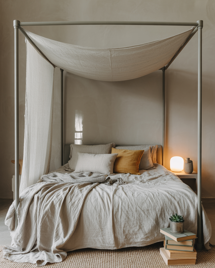 Sleek, minimalist canopy bed with light wood frame and neutral bedding.