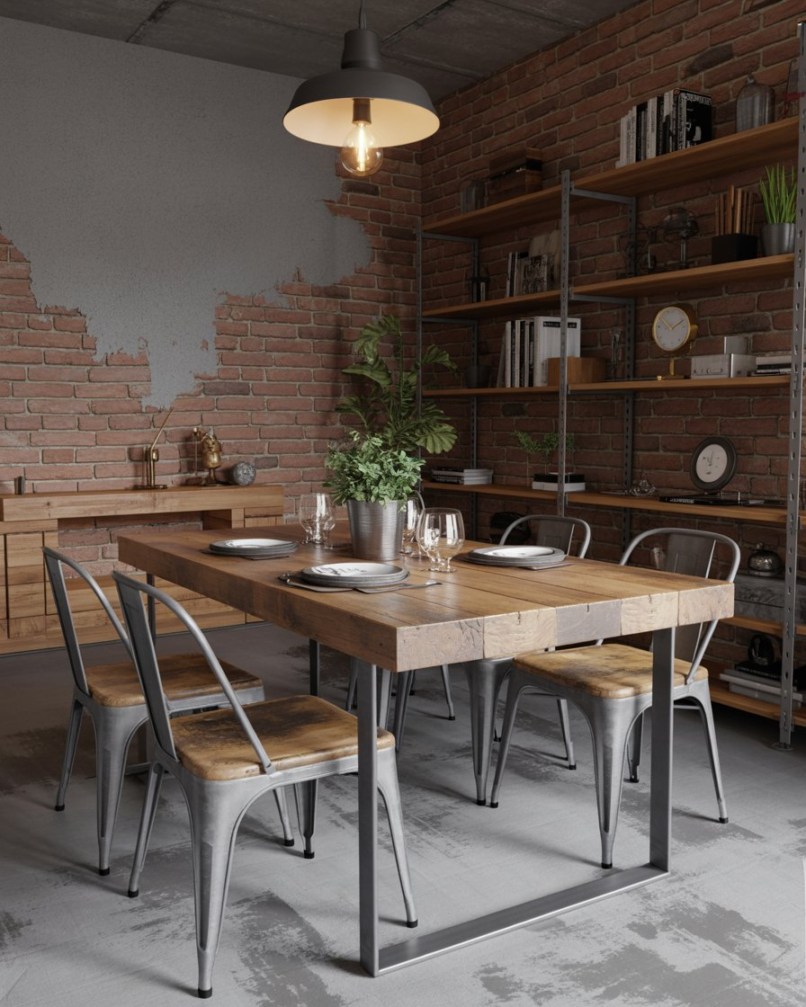 Urban dining area with an industrial feel, featuring exposed brick and steel details