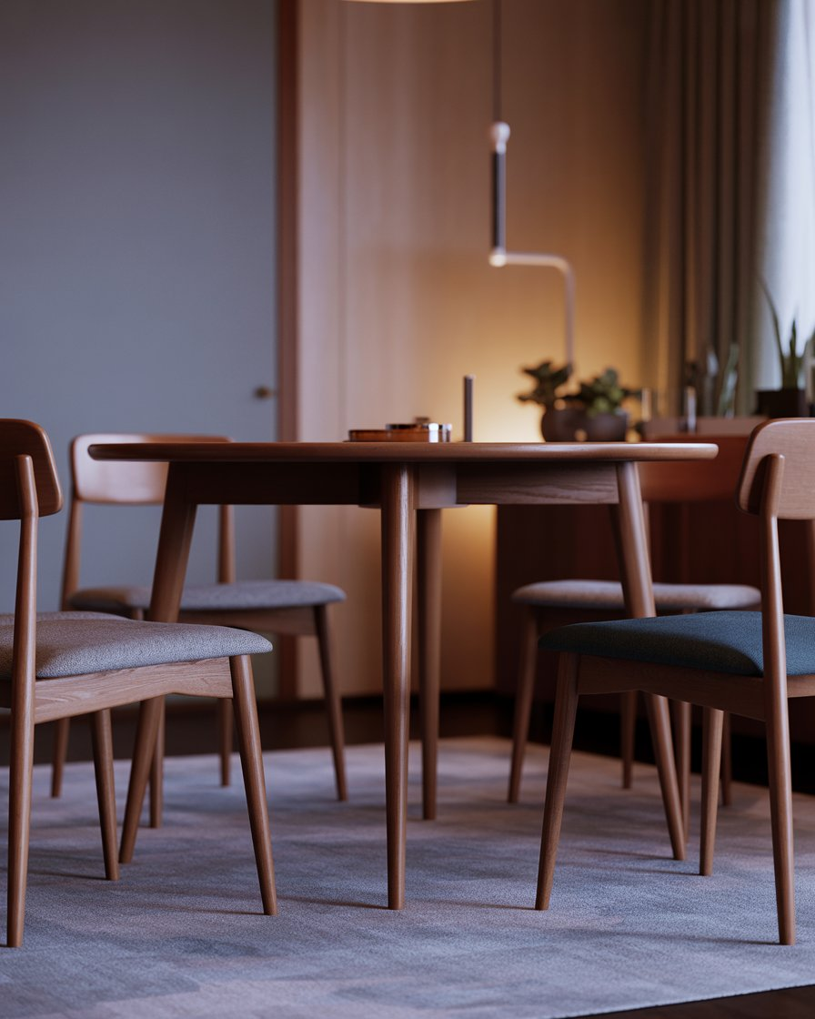 Alt Text: Round mid-century modern dining table with sleek wooden legs and minimalist chairs in a stylish dining room.