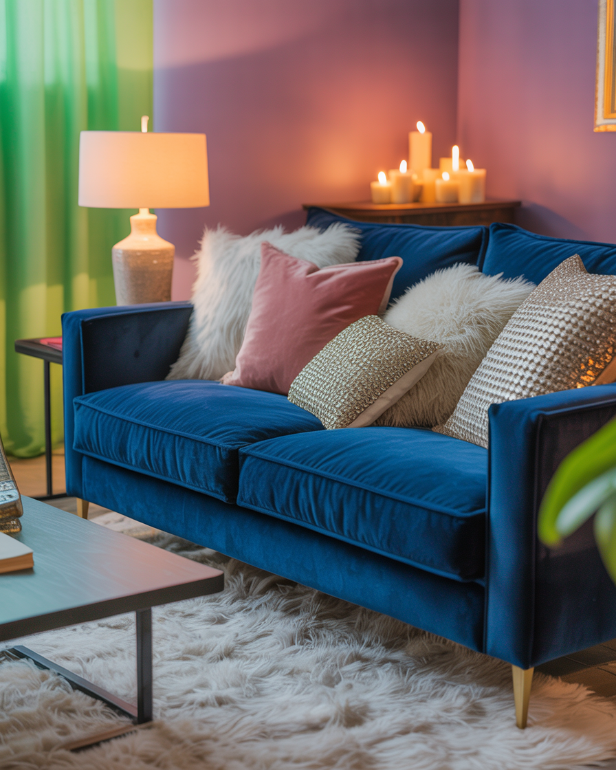 Cozy living room with plush velvet sofa, shaggy rug, and textured throw pillows for a warm, inviting atmosphere.