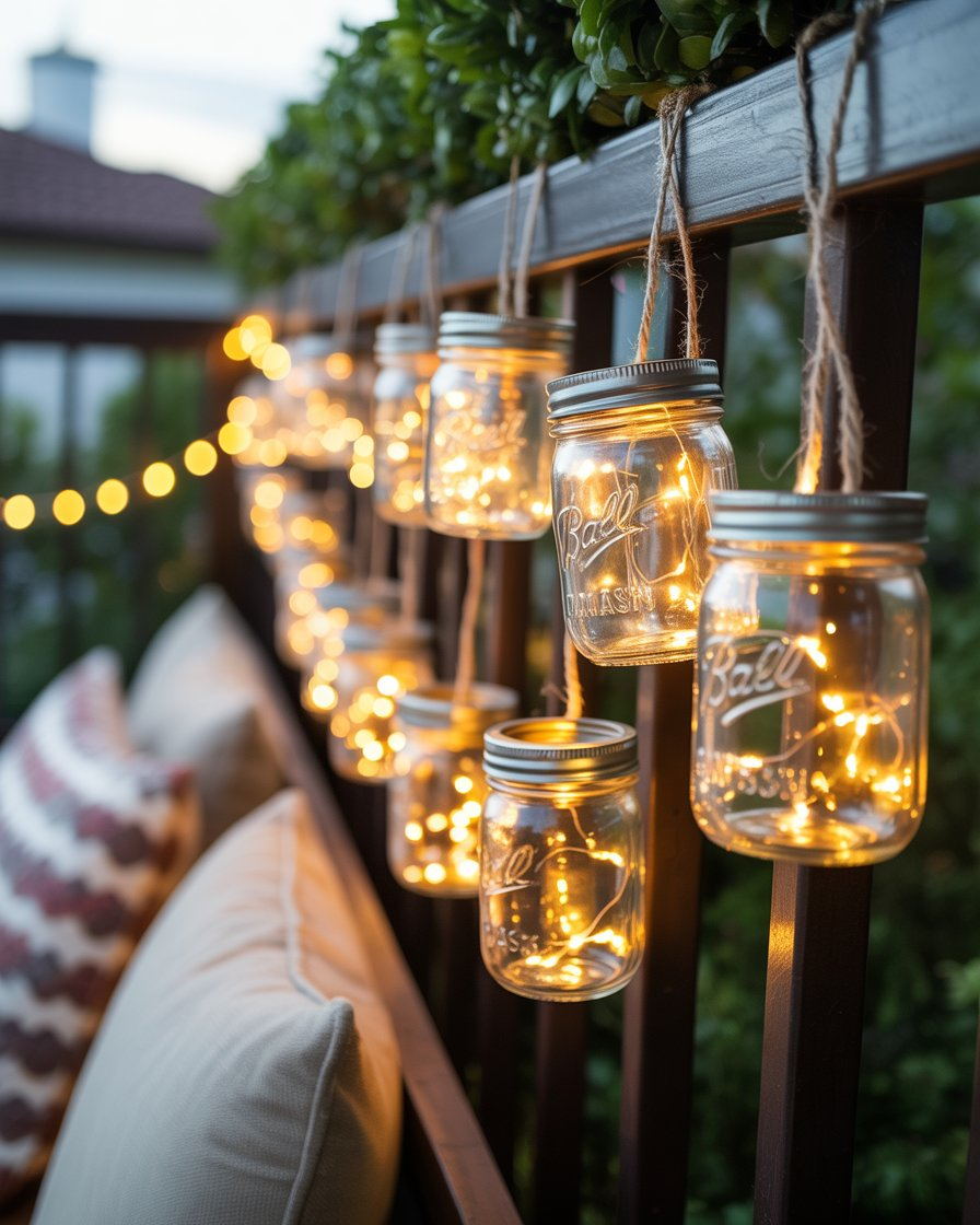 Romantic balcony decorated with mason jar lights, offering a rustic and charming ambiance."