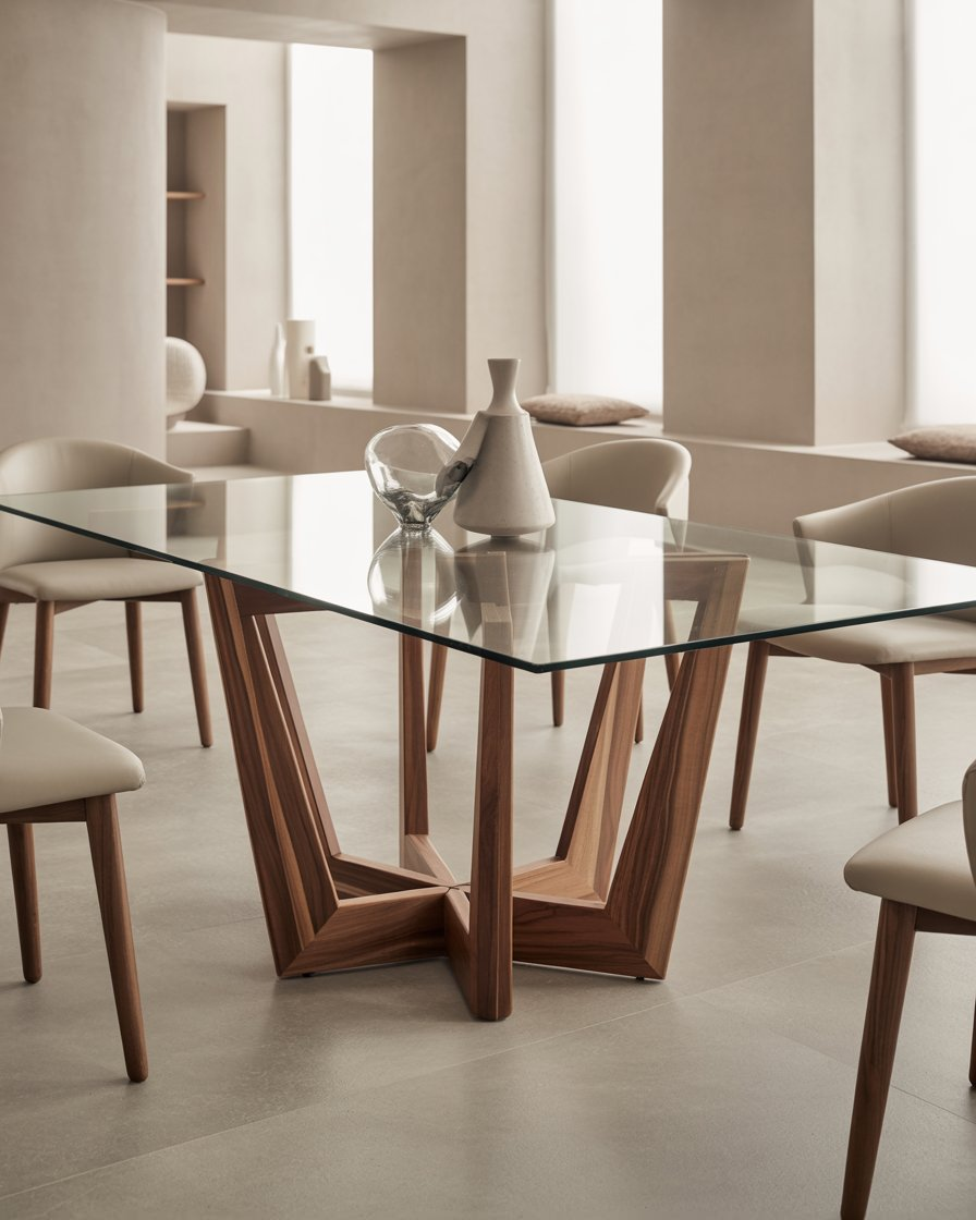Elegant glass top dining table with a wooden geometric base, styled in a modern home.