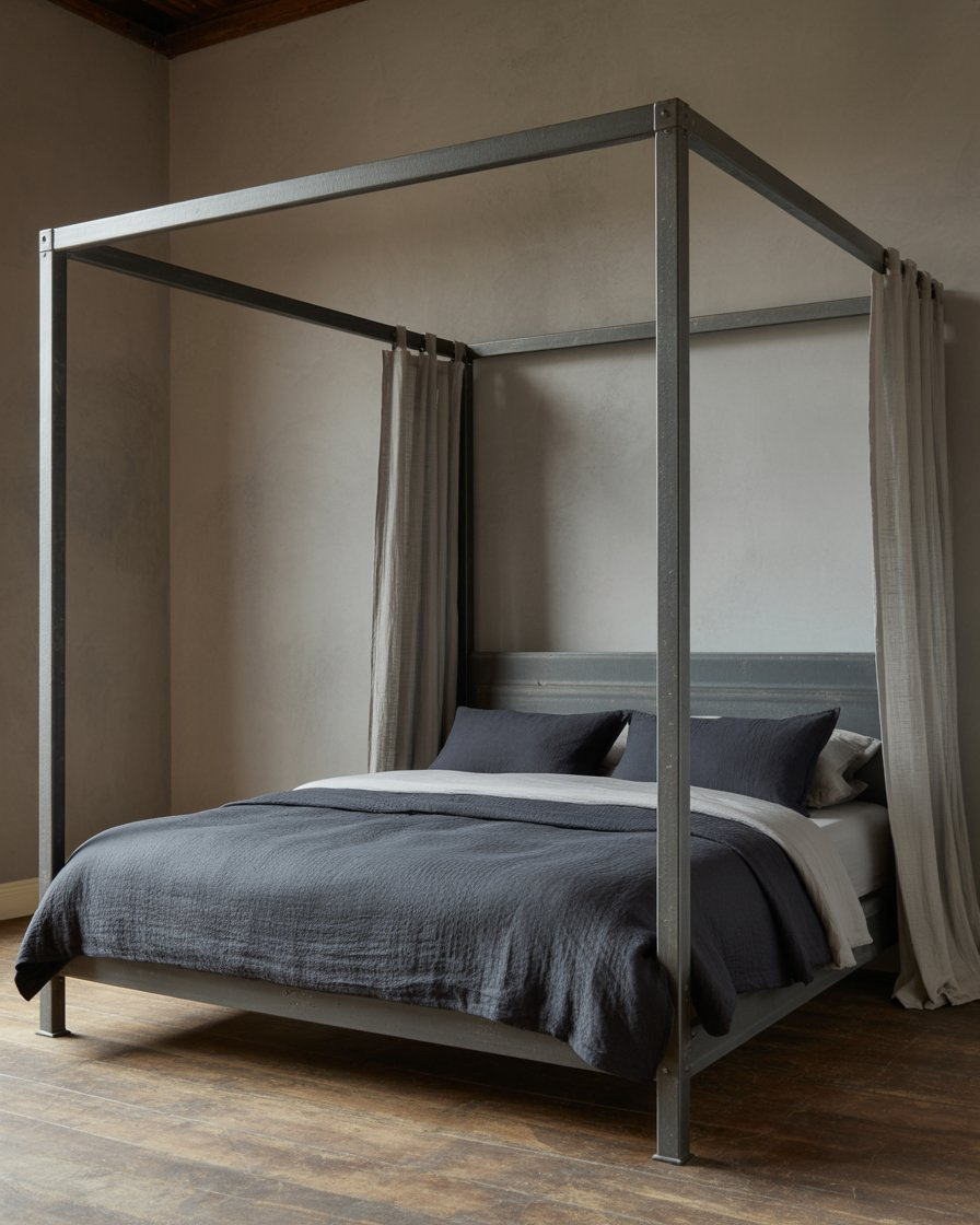 Raw industrial canopy bed with exposed metal frame and modern accents.