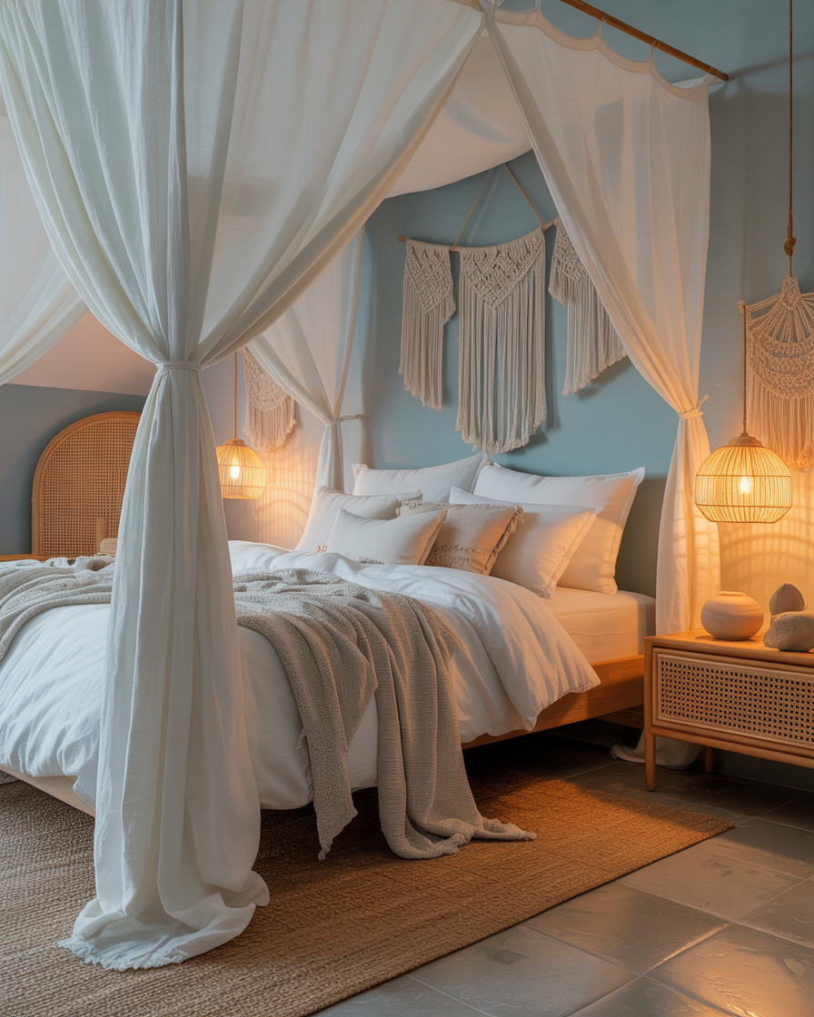 A peaceful pastel blue boho bedroom featuring a dreamy canopy bed with light blue fabric and natural rattan accents.