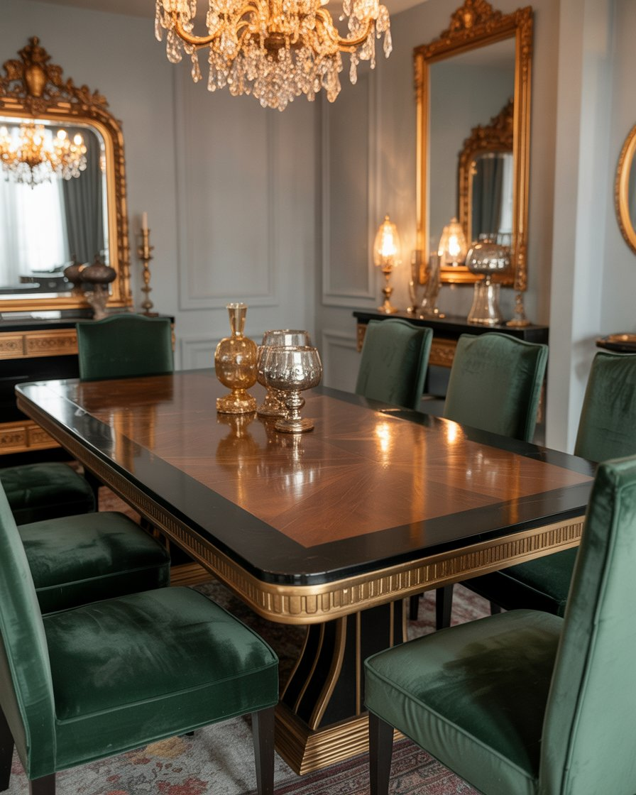 Elegant vintage-inspired dining area with velvet chairs and gold details