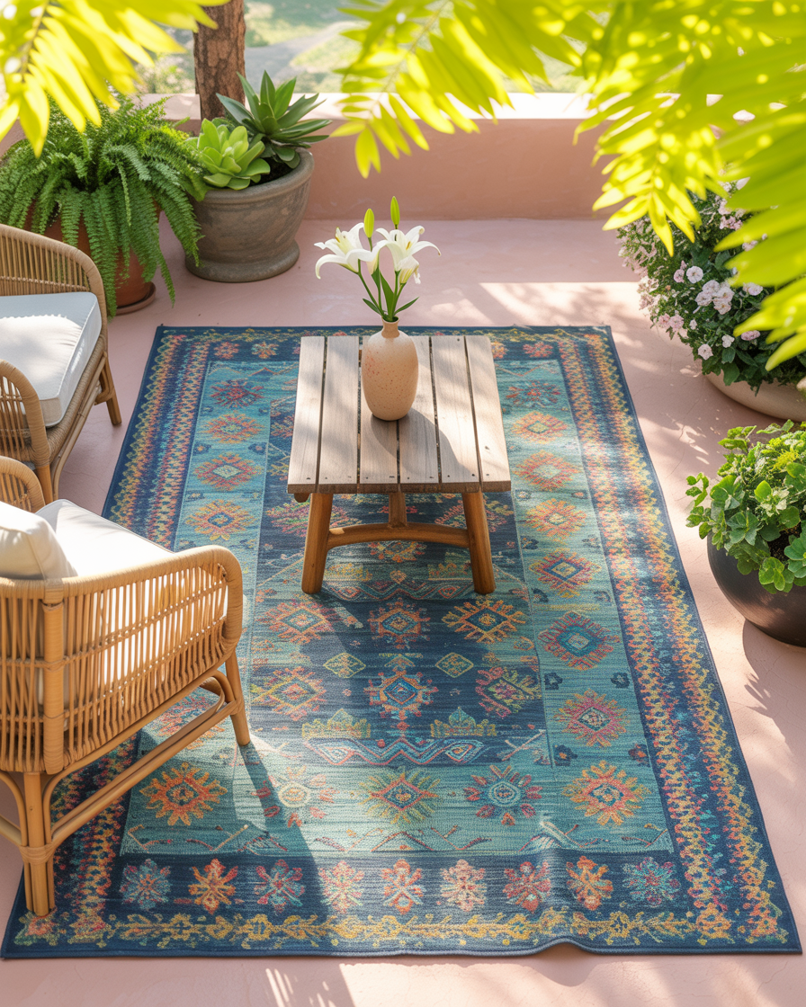 Bright patterned rug anchoring a small balcony setup