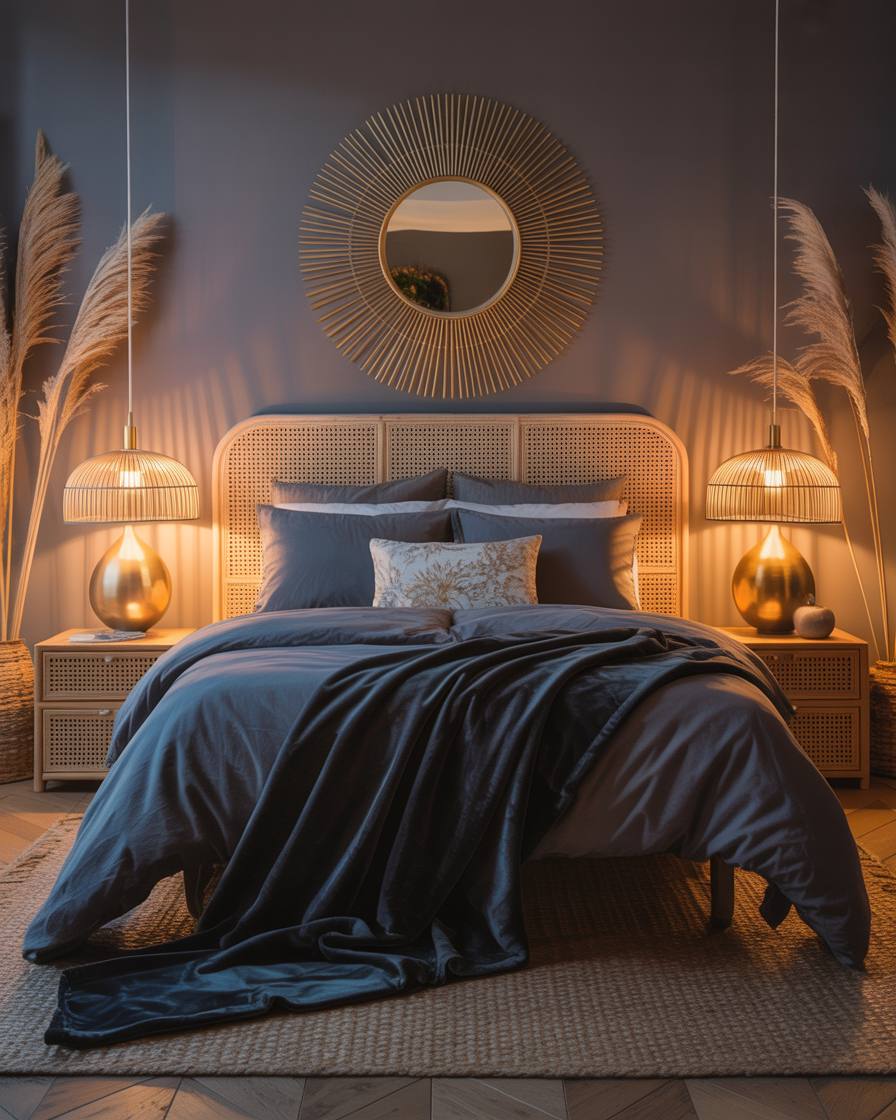 A chic blue boho bedroom featuring rich navy bedding and gold accents, blending luxury and boho simplicity.