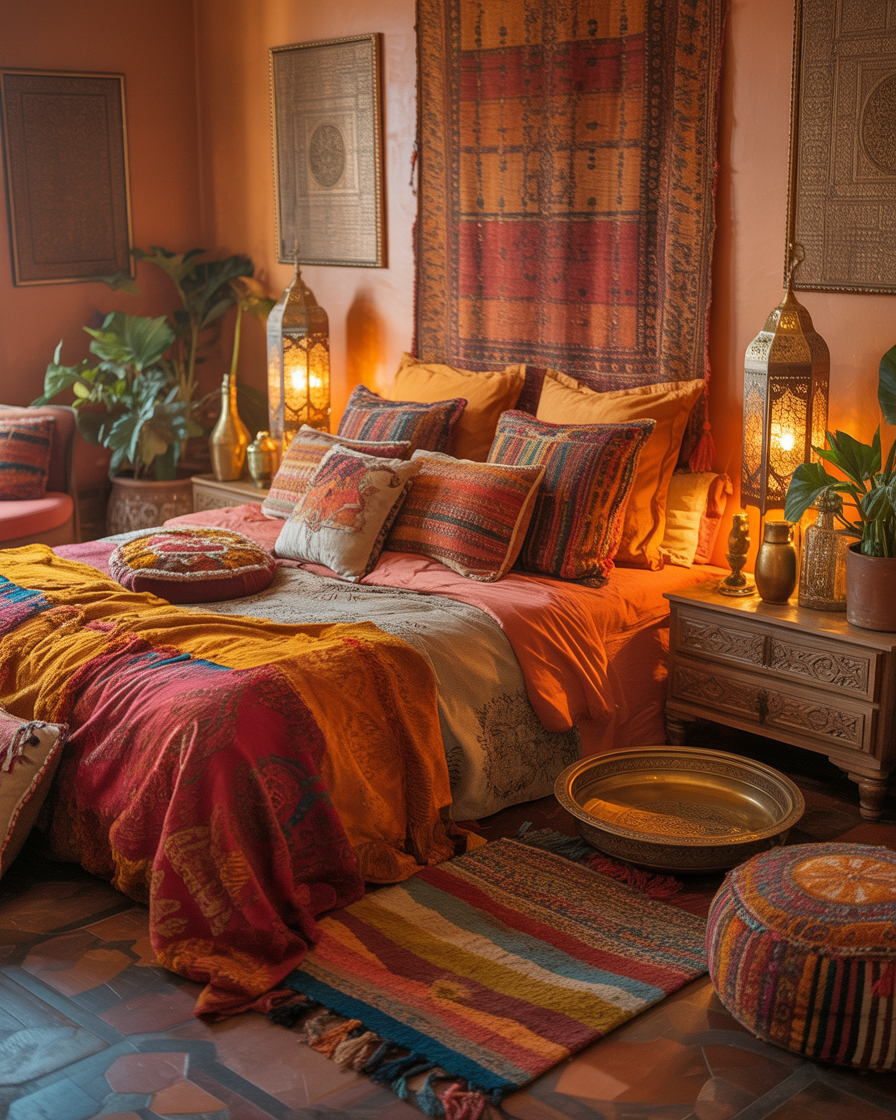 Moroccan boho bedroom with rich tones and ornate lanterns.