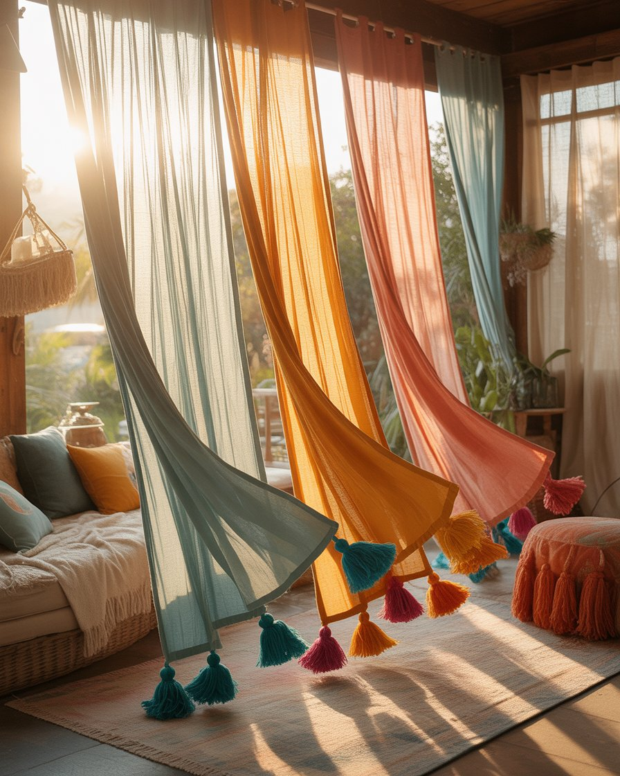 Boho-style tasseled curtains with colorful accents.