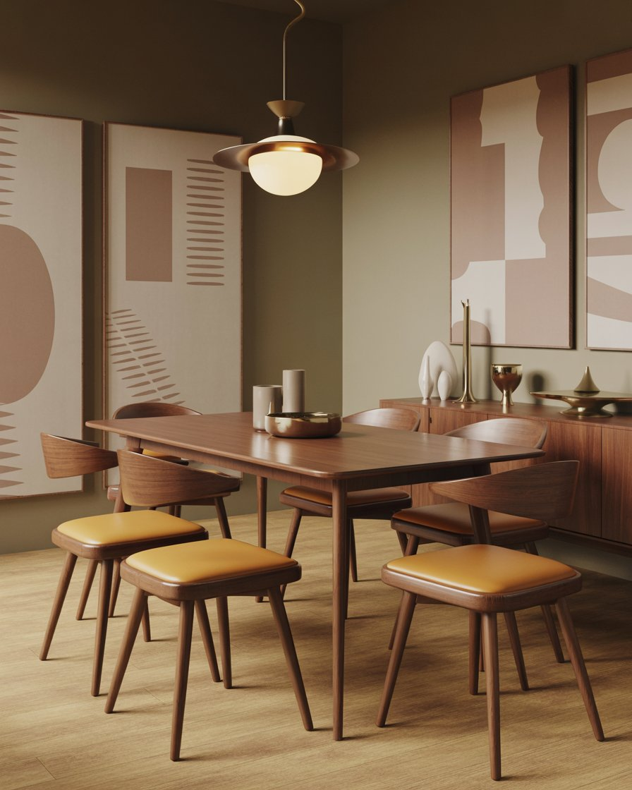 Mid-century modern dining area with simple wood furniture and clean lines.