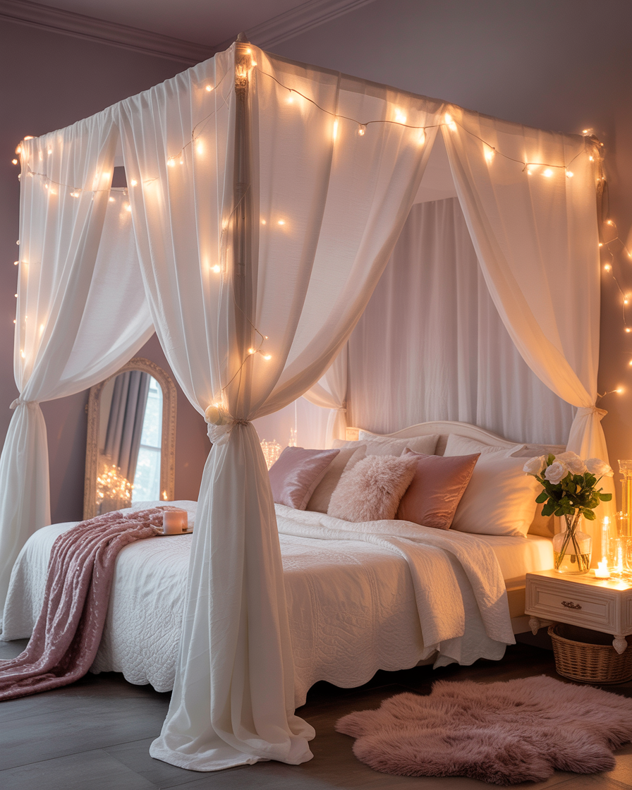 Dreamy romantic canopy bed with soft curtains and twinkling fairy lights.