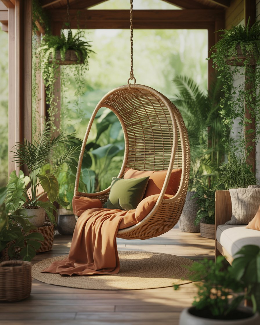 Wicker hanging chair in a boho-inspired sunroom.