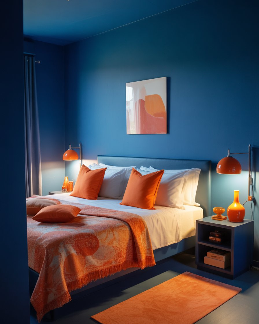 Inviting dark blue guest bedroom with warm orange accents, ideal for a restful night.