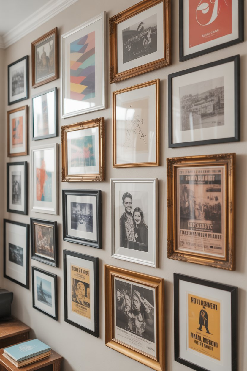 A vibrant gallery wall showcasing eclectic art and personal memories adds character to the room.
