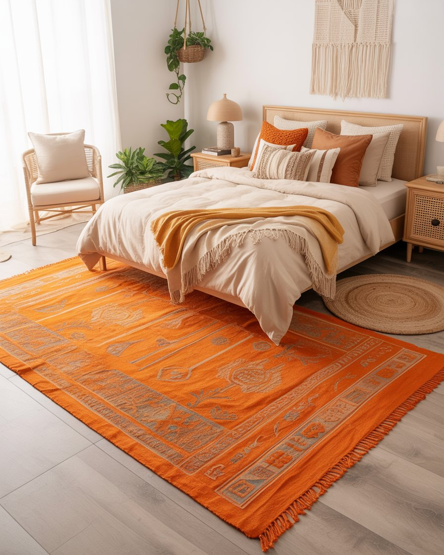 A boho bedroom with a bold orange area rug adding warmth to the space.