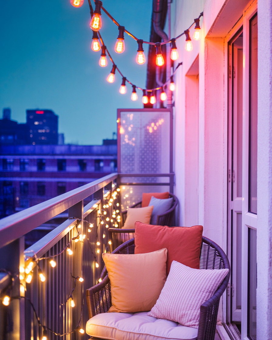 Warm fairy lights and Edison bulbs on a cozy night balcony setup.